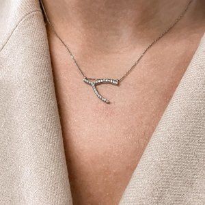 Rachel Koen Sideways Wishbone Necklace 14K White Gold 0.24Cttw